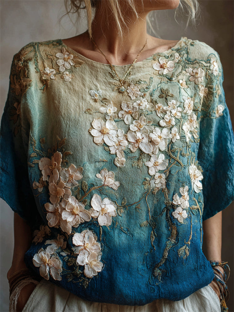 Comstylish Oil Painting Almond Blossom Embroidered Gradient Linen Tunic