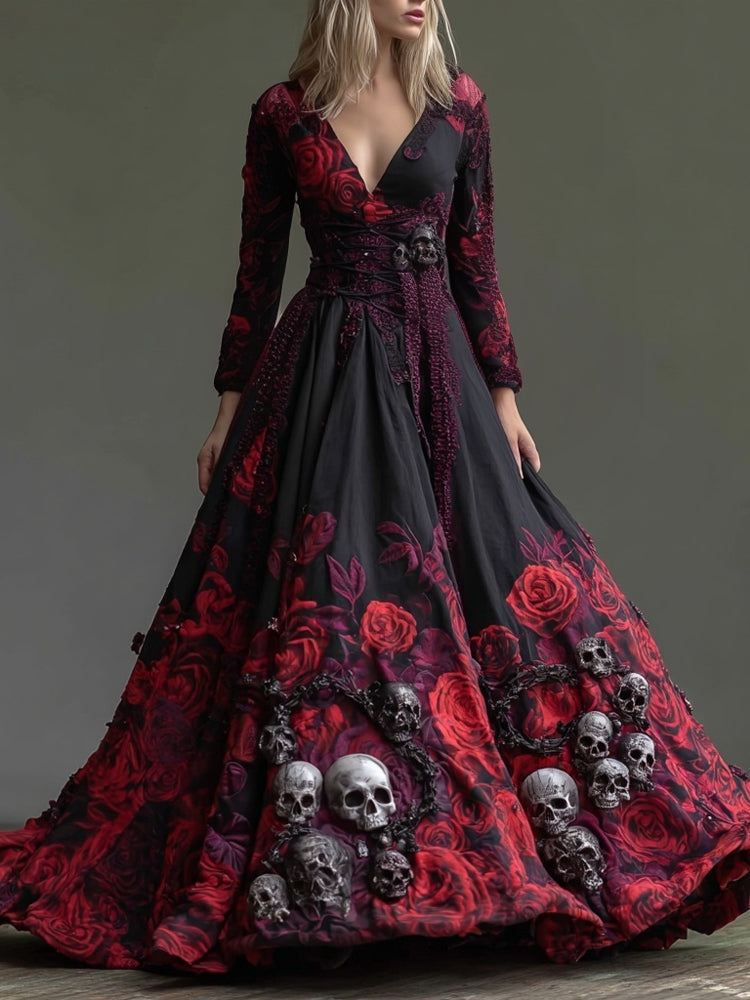 Comstylish Vintage Gothic Roses & Skulls Embroidered Flowy Maxi Dress