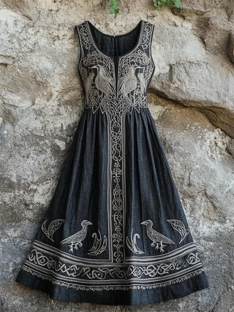 Vintage Viking Celtic Ravens Medieval Linen Maxi Dress artswardrobe