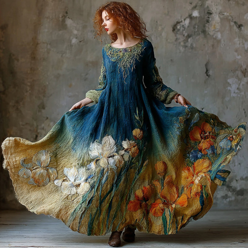 Women's Vintage Oil Painting Iris Gradient Embroidery Art Round Neck Long Sleeve Swing Maxi Dress