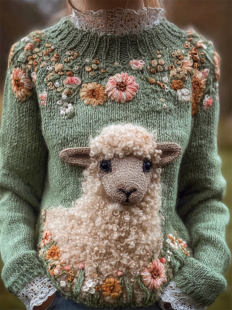 Vintage Sheep Floral Beaded Embroidered Cozy Knit Sweater elevenforest