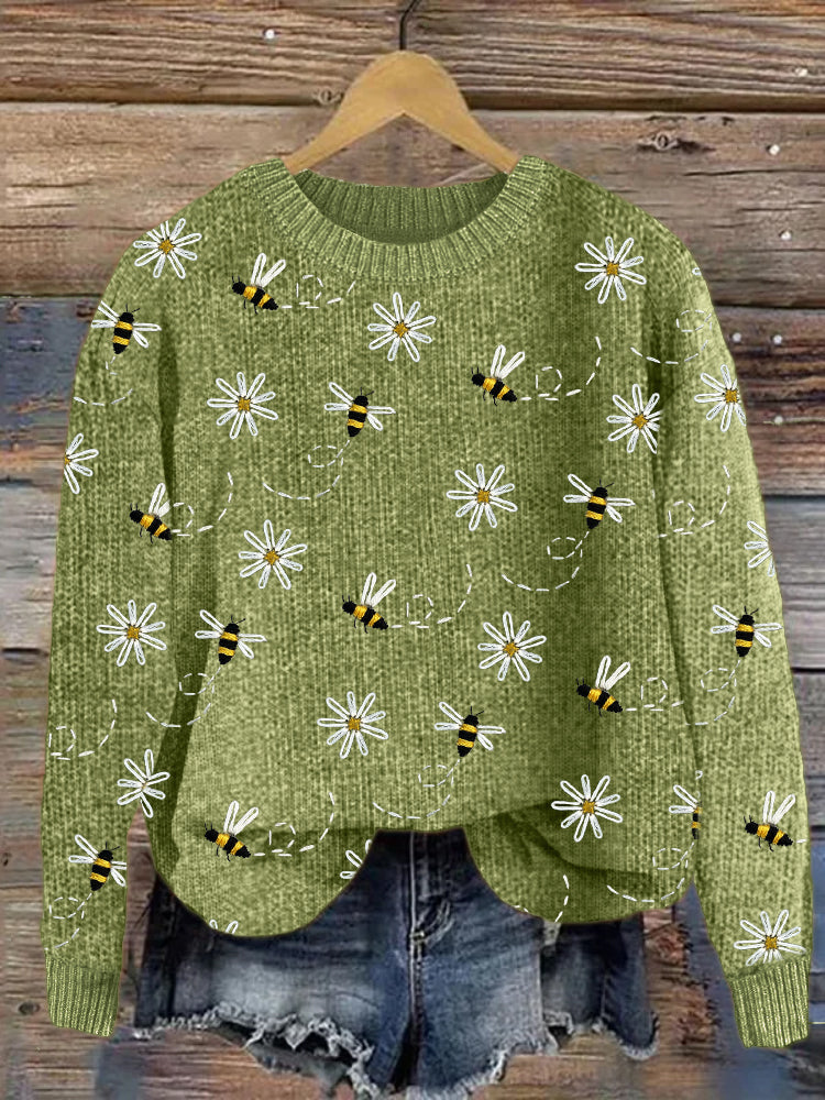 Flying Bees Floral Embroidery Pattern Cozy Knit Sweater artswardrobe