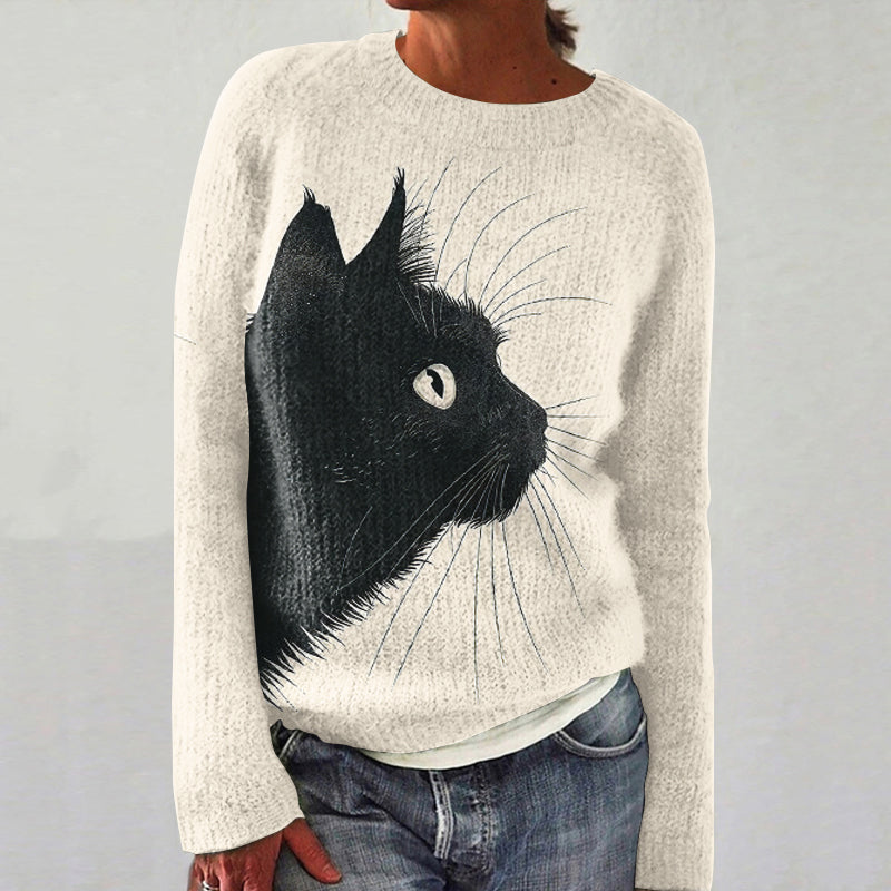 Vintage Black Cat Cozy Crew Neck Sweater elevenforest