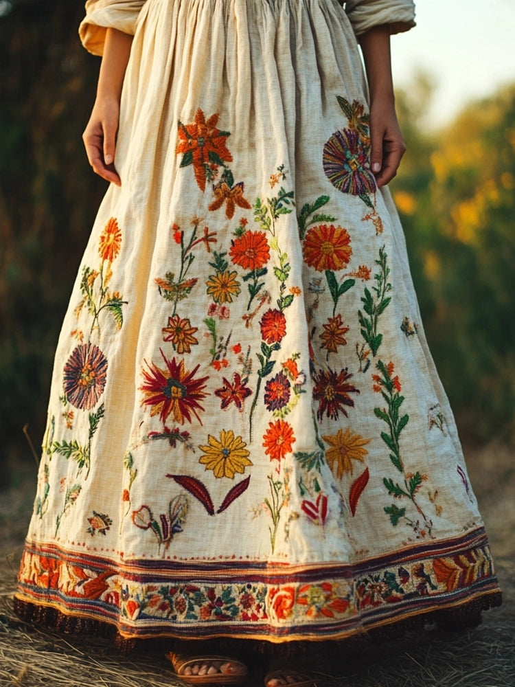 Vintage Floral Embroidered Linen Blend Skirt artswardrobe