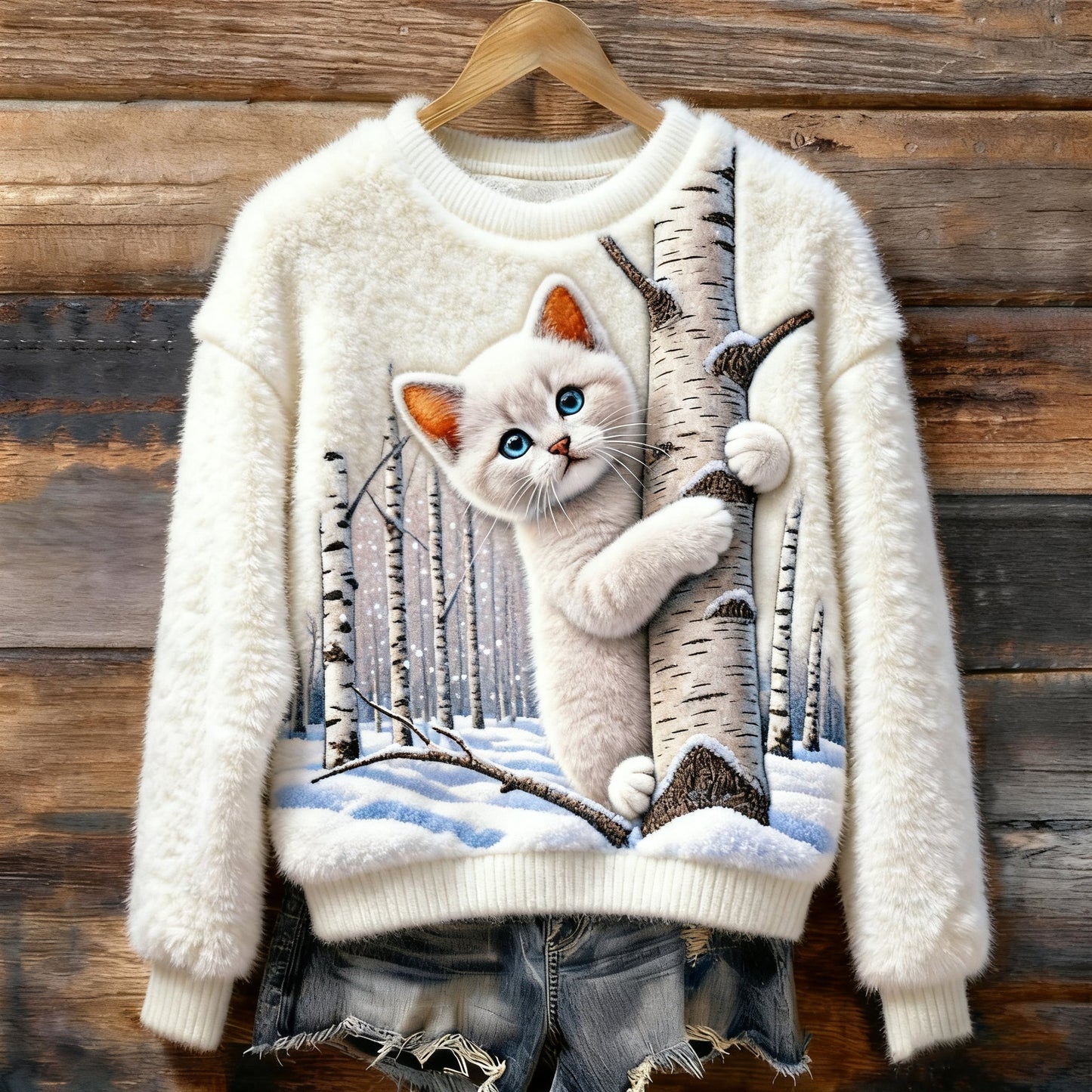 Comstylish Christmas Cat Art Women's Cozy Plush Sweater