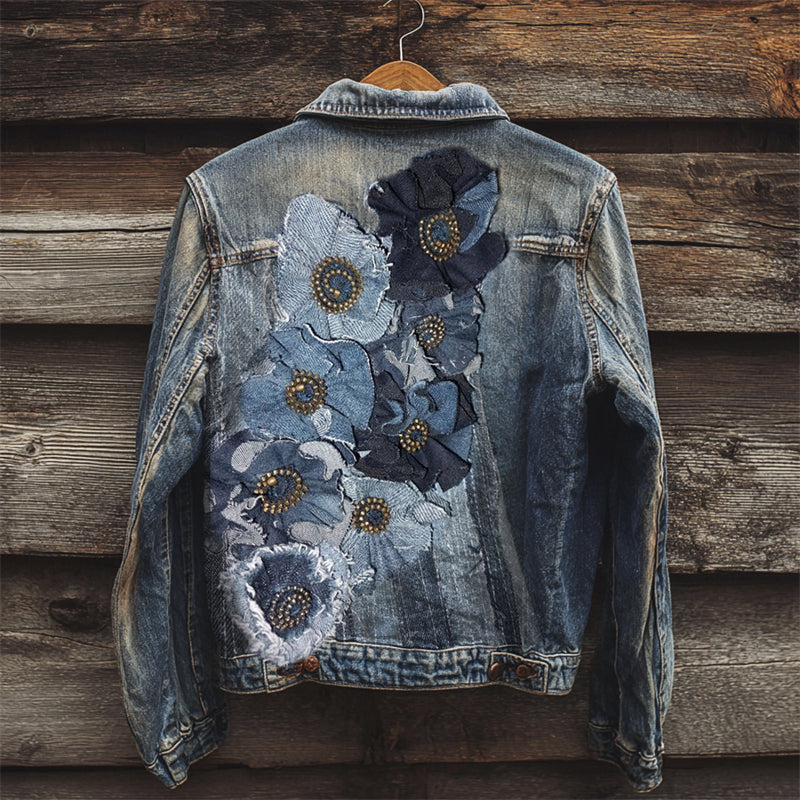Comstylish Vintage Flowers Fiber Art Patchwork Denim Jacket