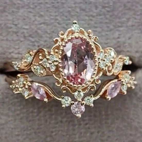 Elegant Pink Crown Drop Crystal Ring Set