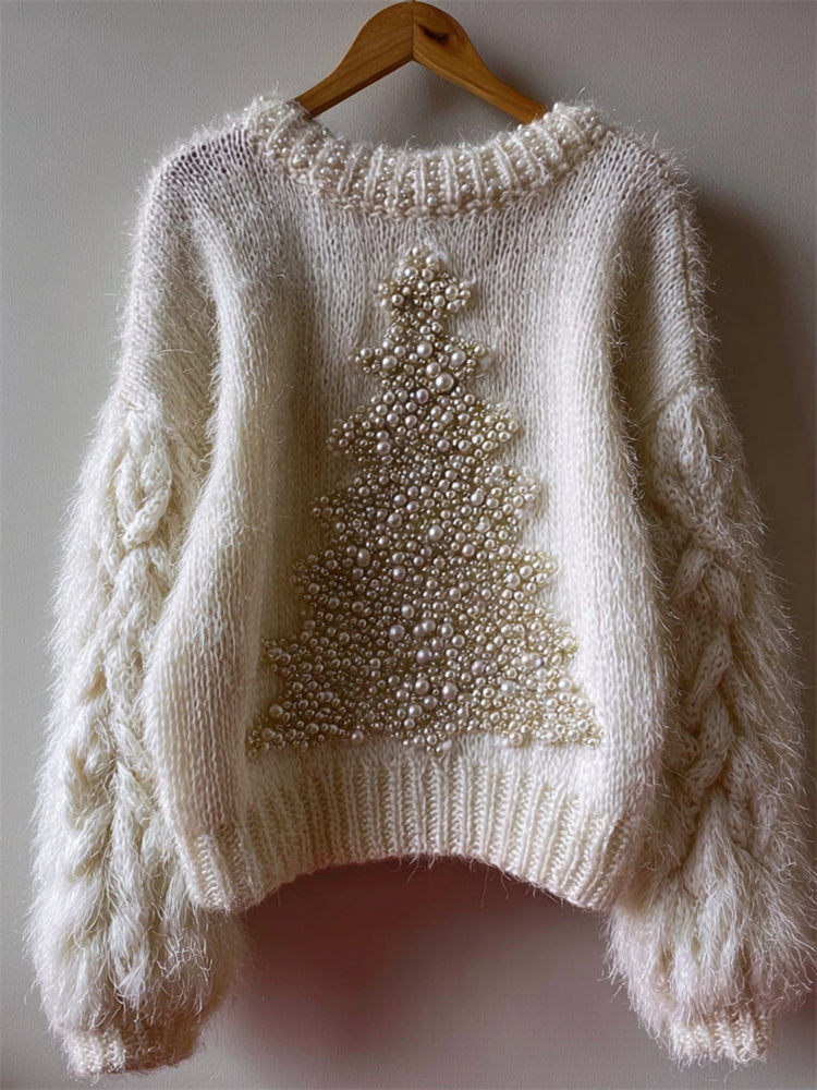Comstylish Vintage Christmas Trees Pearls Beaded Cozy Fuzzy Sweater