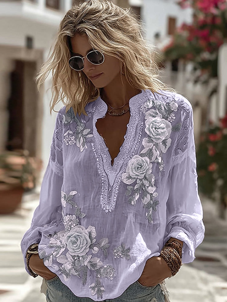 Women's Vintage Floral Embroidery Art Comfy Linen Shirts artswardrobe