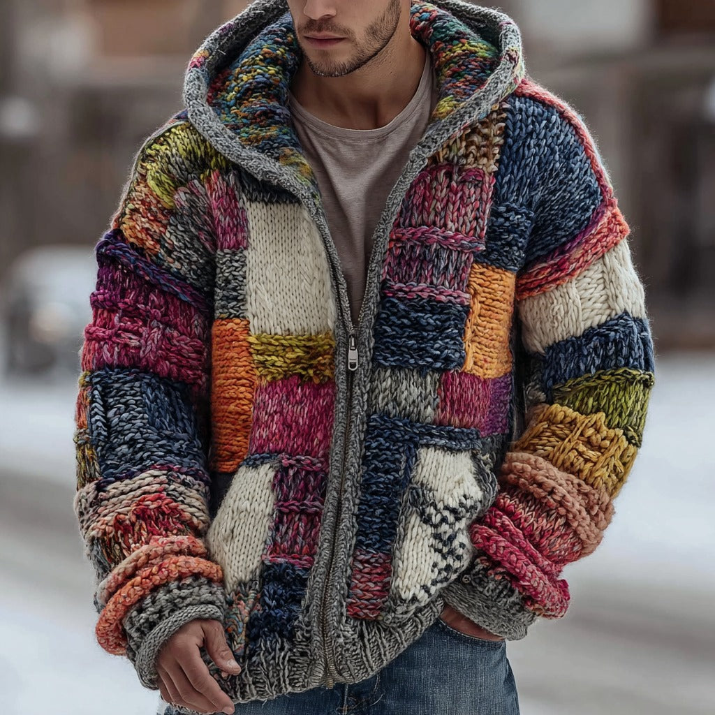 Men's Geometric Color Block Chunky Knit Jacquard Zip Hooded Sweater artswardrobe