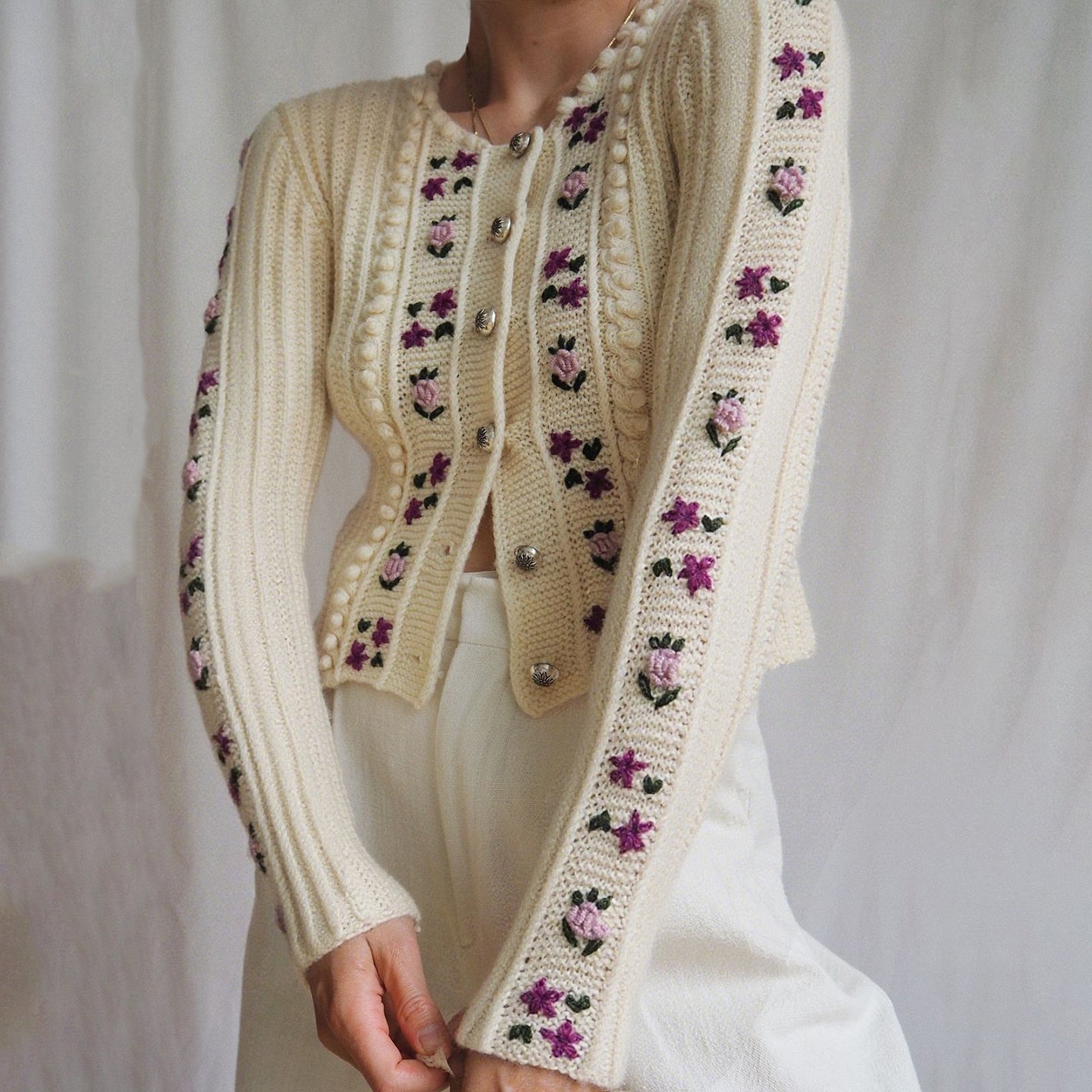 Comstylish Women's Vintage Floral Knit Button Sweater