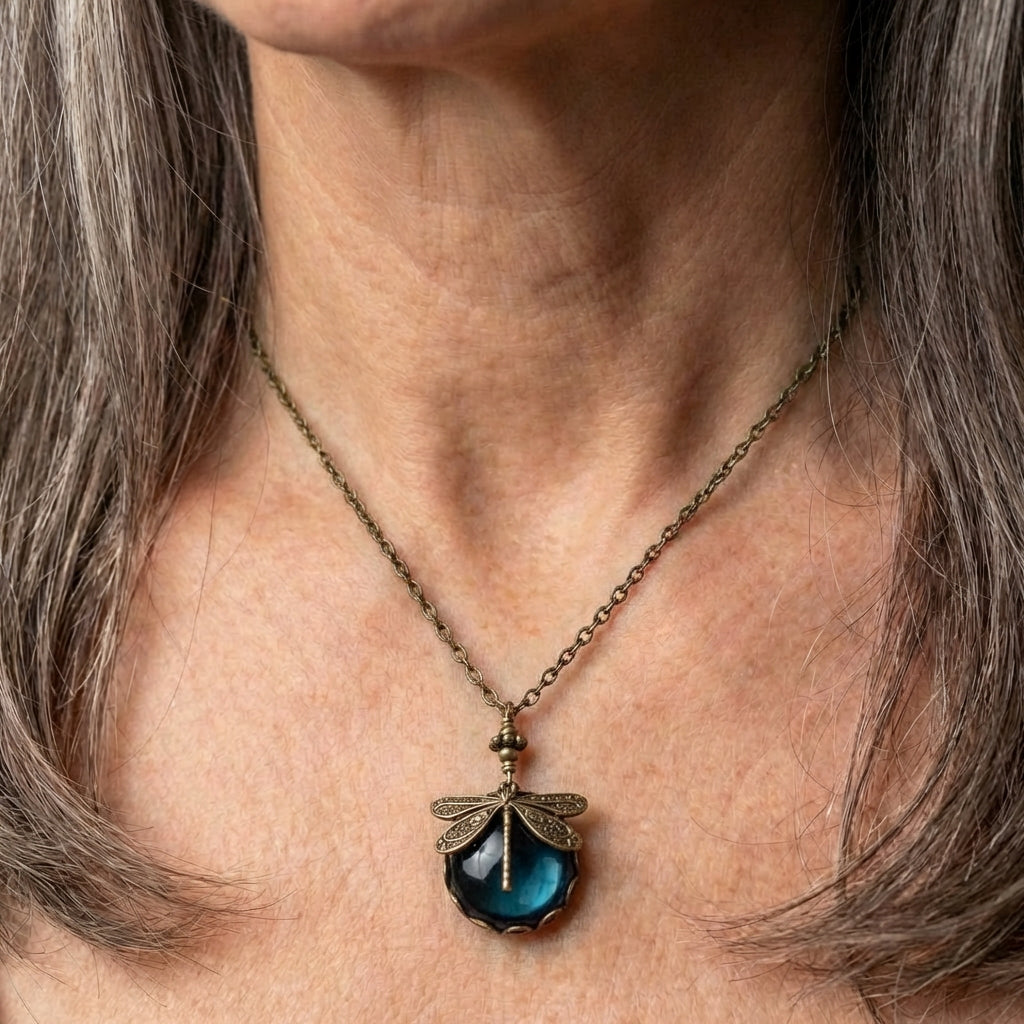 A Blue Crystal Dragonfly Necklace in Antique Gold