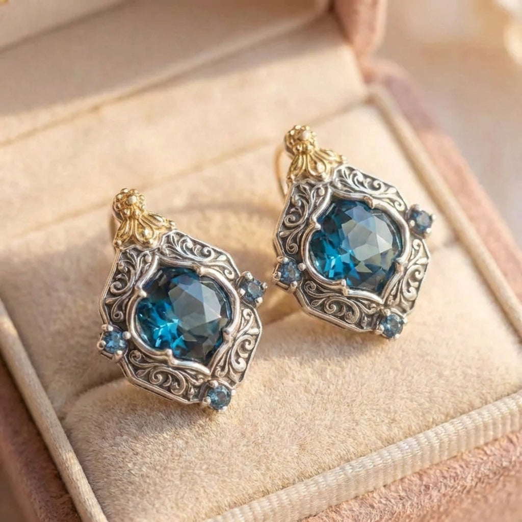 Vintage Blue Crystal Gold Earrings