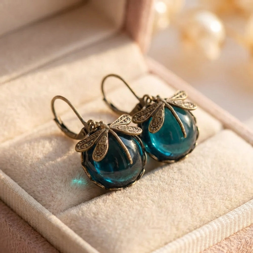 Spherical Dragonfly Earrings In Antique Gold