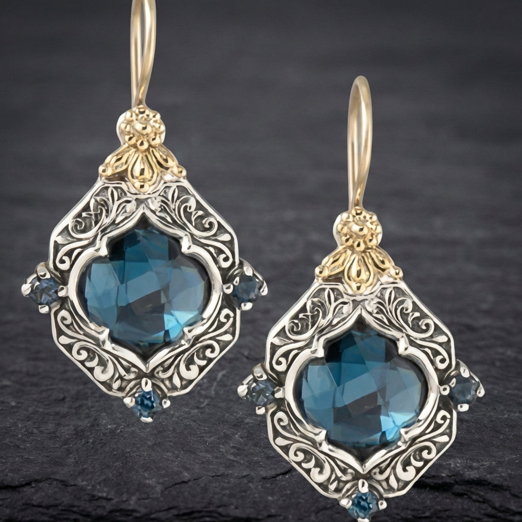 Vintage Blue Crystal Gold Earrings