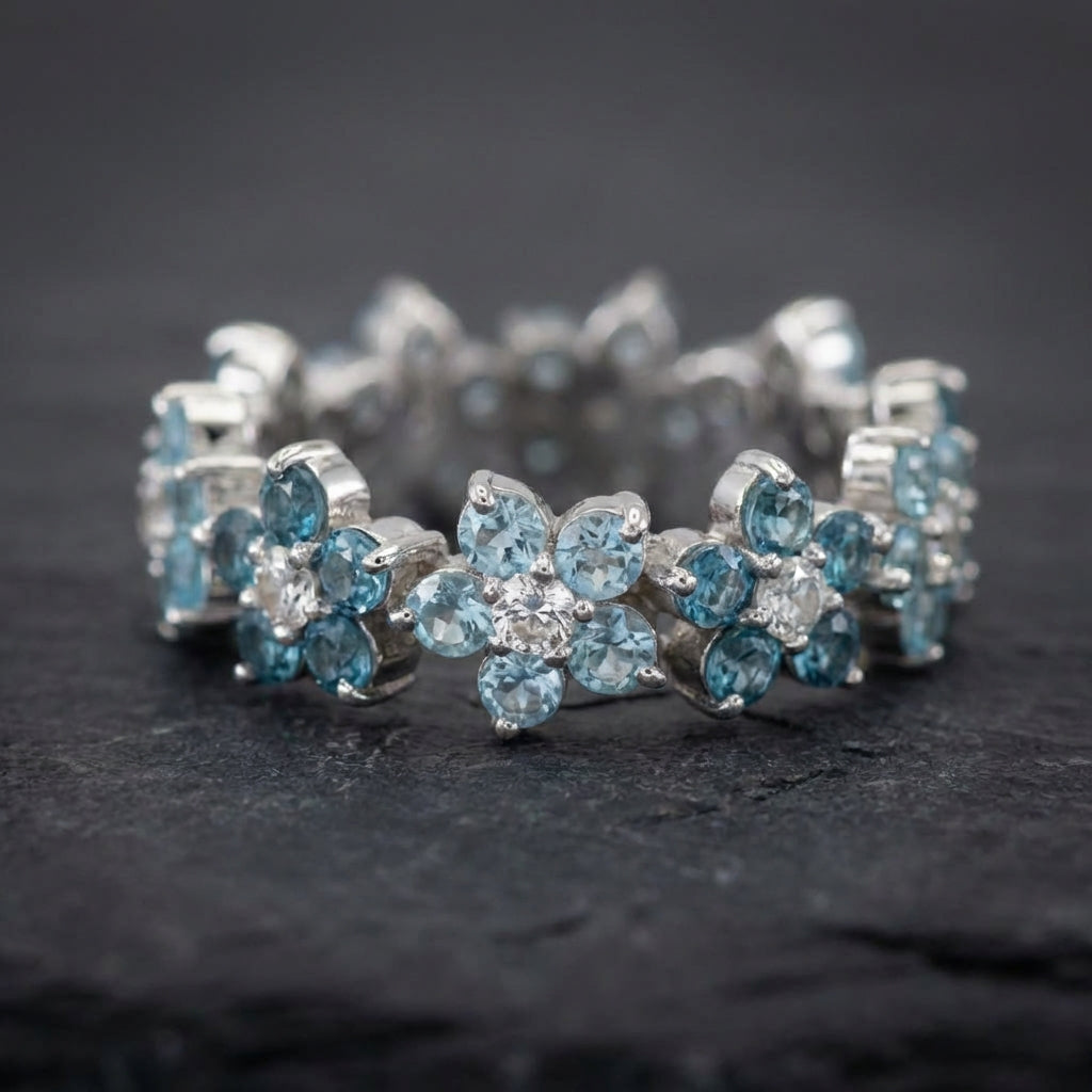 Vintage Blue Daisy Silver Ring