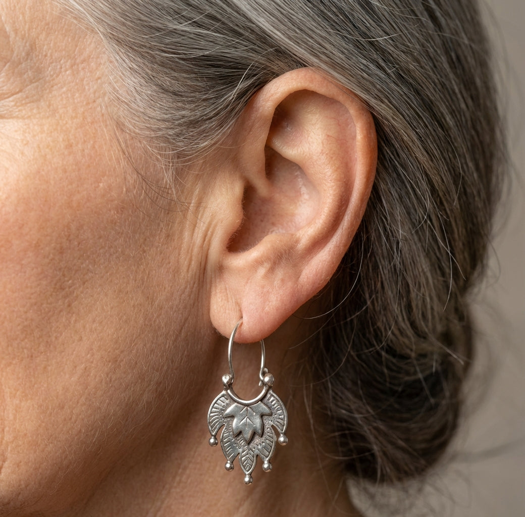 Vintage Carving Leaf Silver Earrings