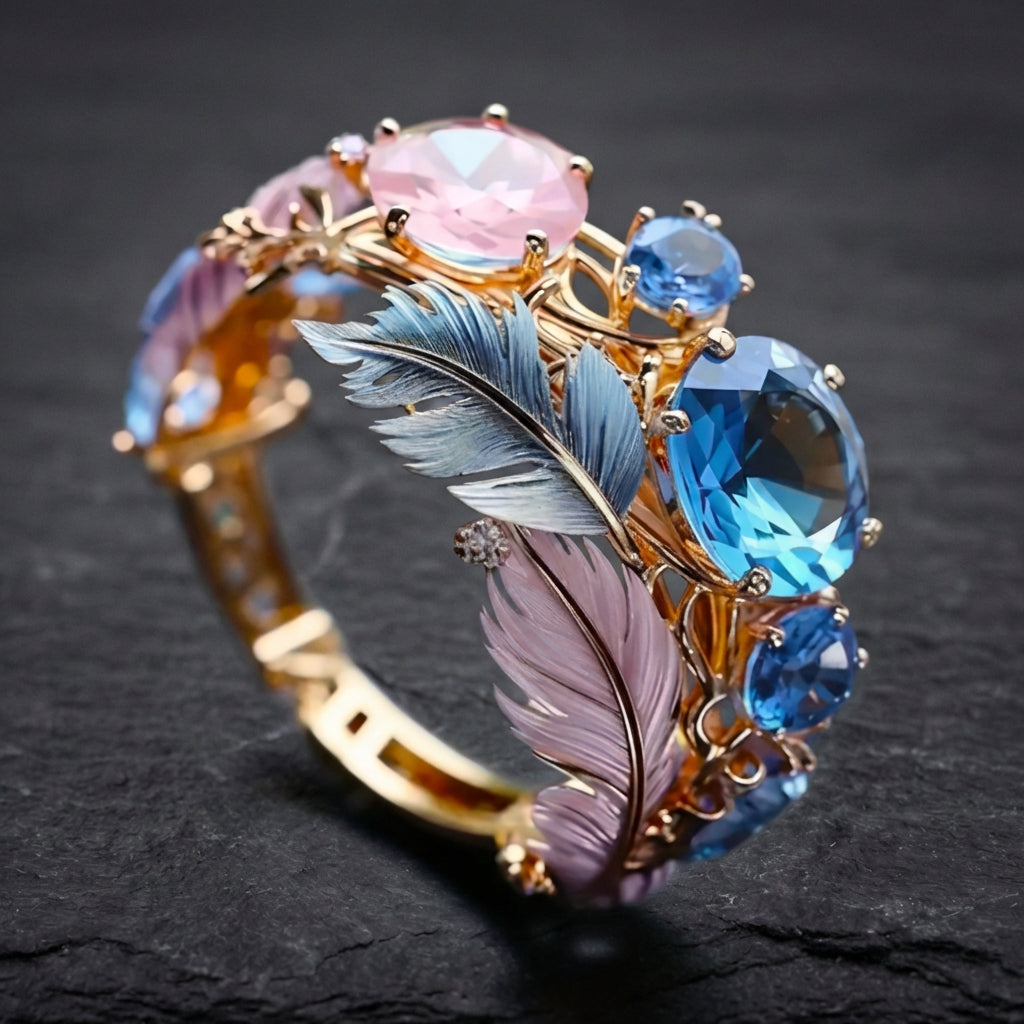 Vintage Exotic Feather Crystal Ring