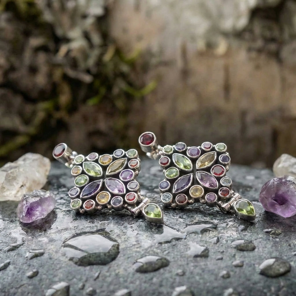 Vintage Gemstone Flower Earrings