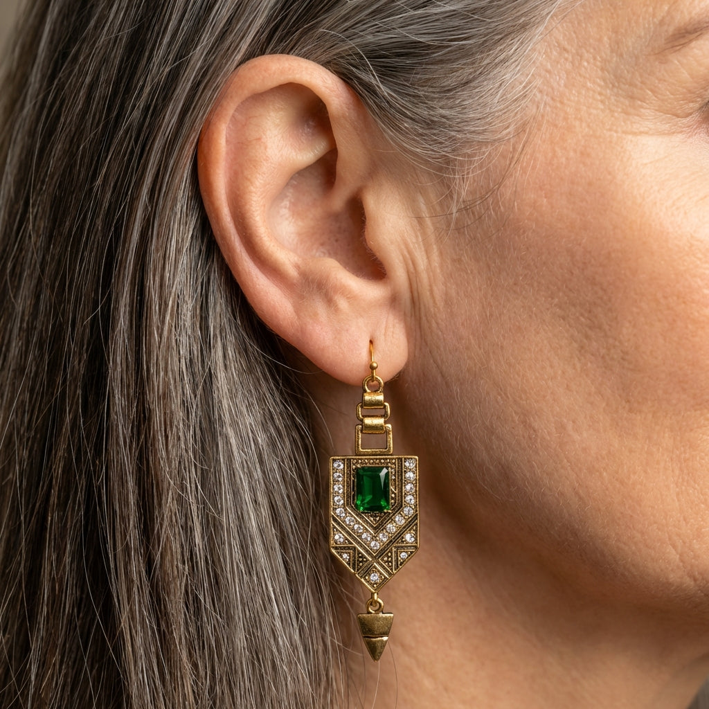 Gold & Green Geometric Earrings