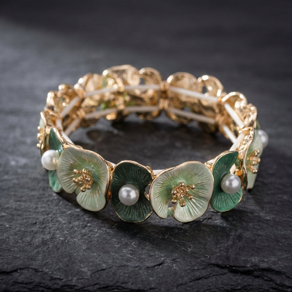Vintage Green Floral Pearl Bracelet