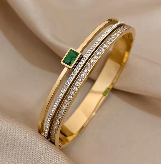 Vintage Green White Rhinestone Cuff Bracelet