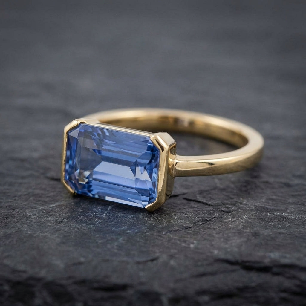 Vintage Rectangular Blue Glass Gold Ring