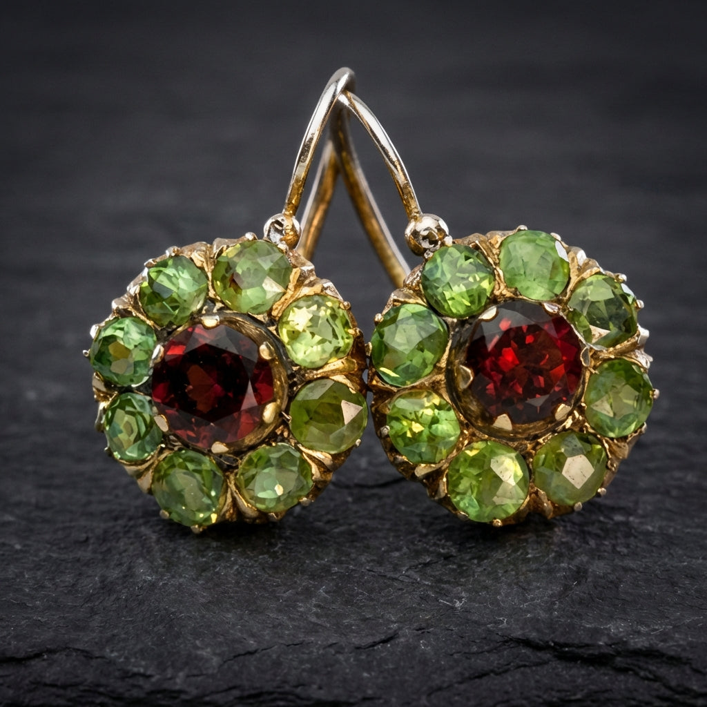 Vintage Rounded Green & Red Crystal Earrings