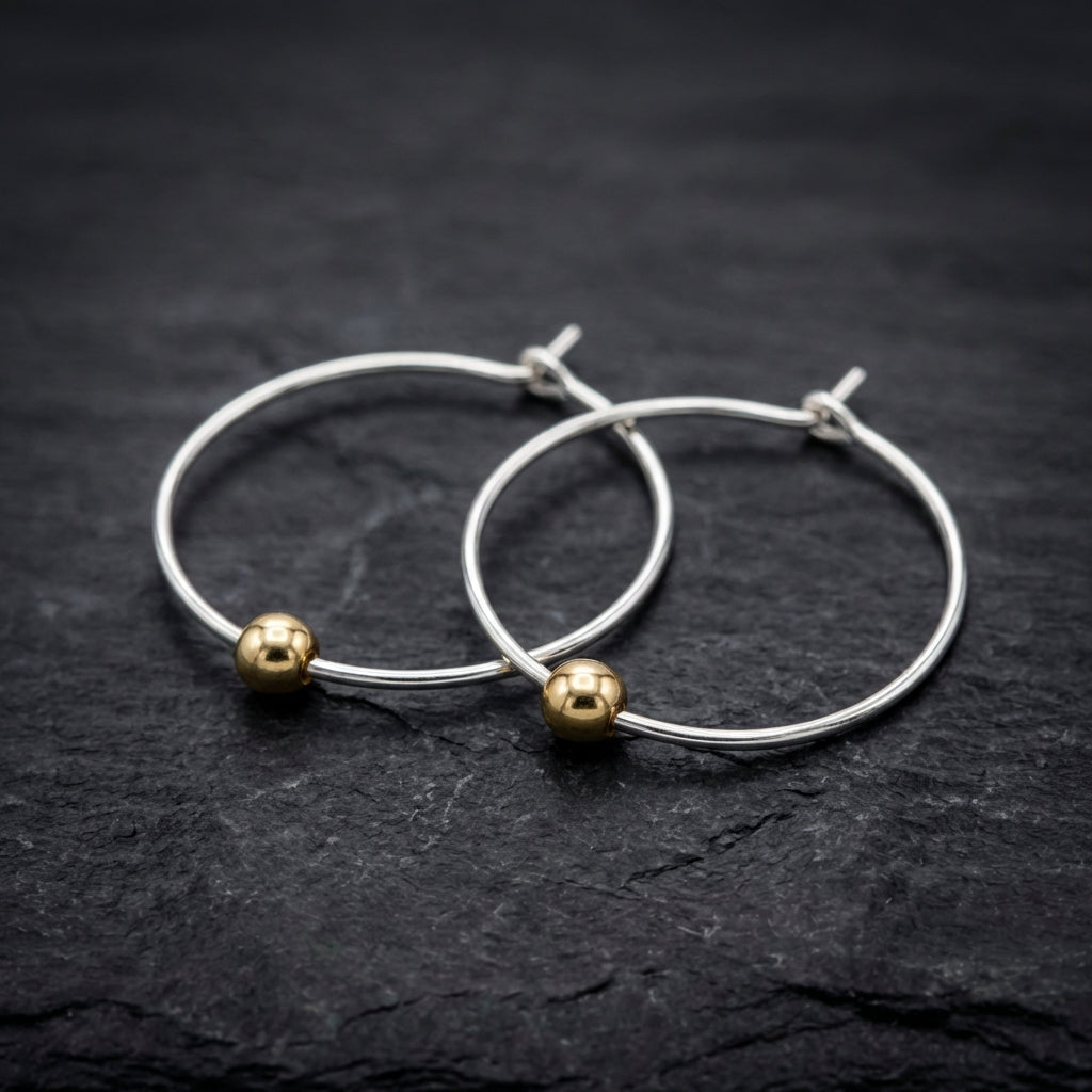 Vintage Silver Hoop Golden Pearl Earrings