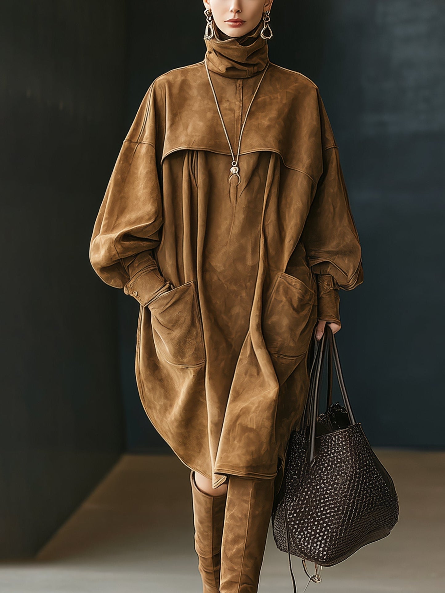 Vintage Brown Faux Suede Oversized Turtleneck Long Sleeve Midi Dress