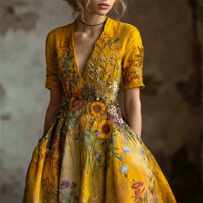Oil Painting Inspired Wild Flowers Embroidered Linen Maxi Dress