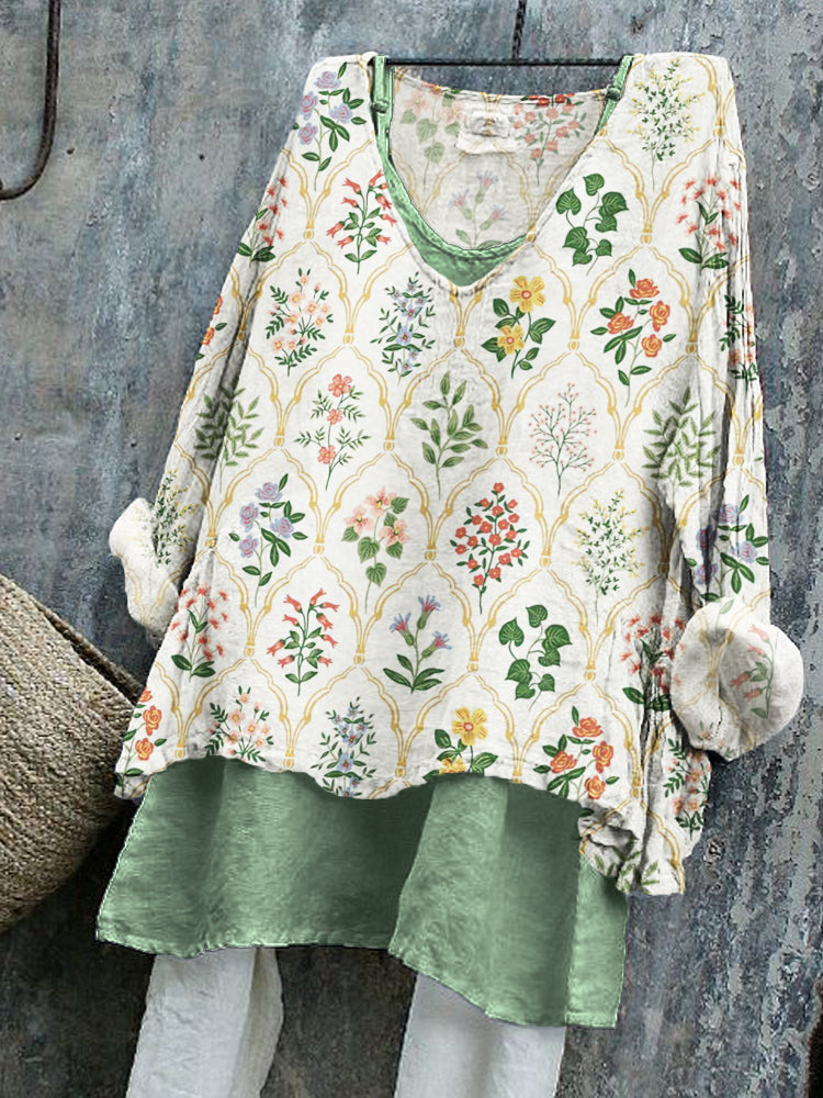 Comstylish Vintage Flowers Botanical Pattern Linen Tunic