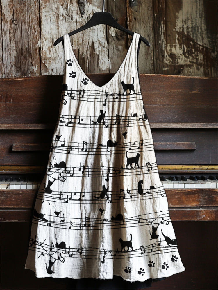 Black Cats & Paw Prints Sheet Music Linen Dress elevenforest