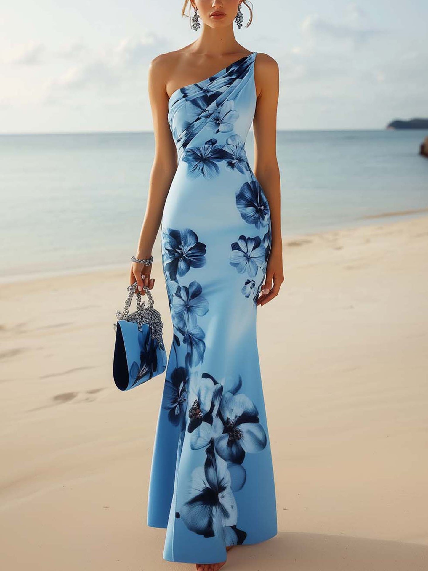 Shipping One Shoulder Light Blue Bodycon Dress With Blue Gradient Floral Print