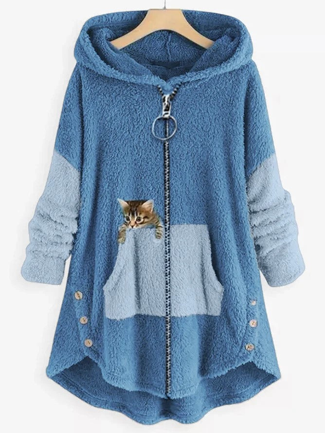 Fleece Hooded Coat with Colorblock Panels and Embroidered Kitten Pocket