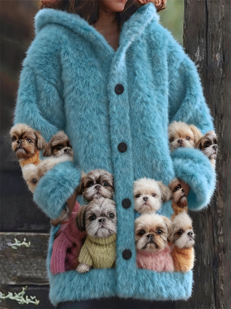 Comstylish Lovely Fuzzy Dogs Cozy Knit Hooded Cardigan