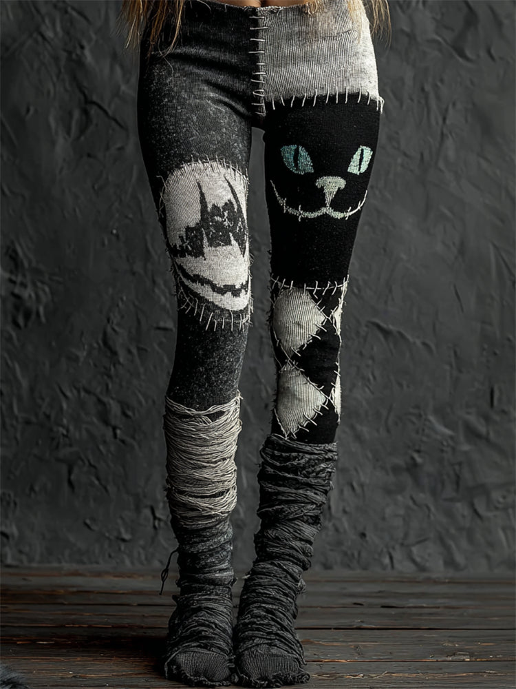Halloween Cat Face Diamond Pattern Bandages Patchwork Cozy Knit Leggings elevenforest
