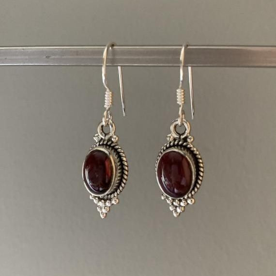 Boho Red Stone Silver Beads Earrings
