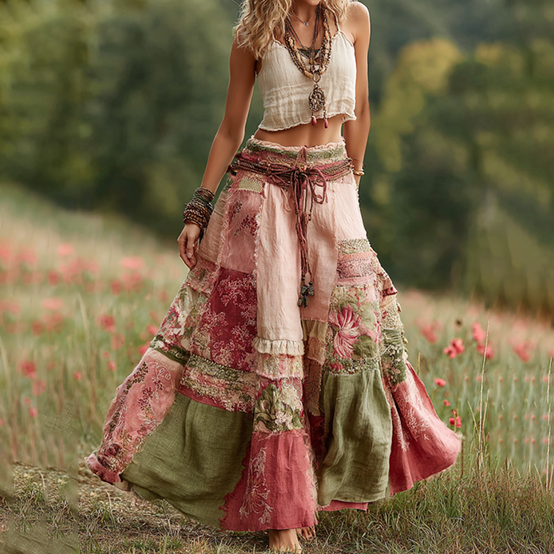 Vintage Boho Rose Floral Patchwork Art Flowy Casual Linen Skirt artswardrobe