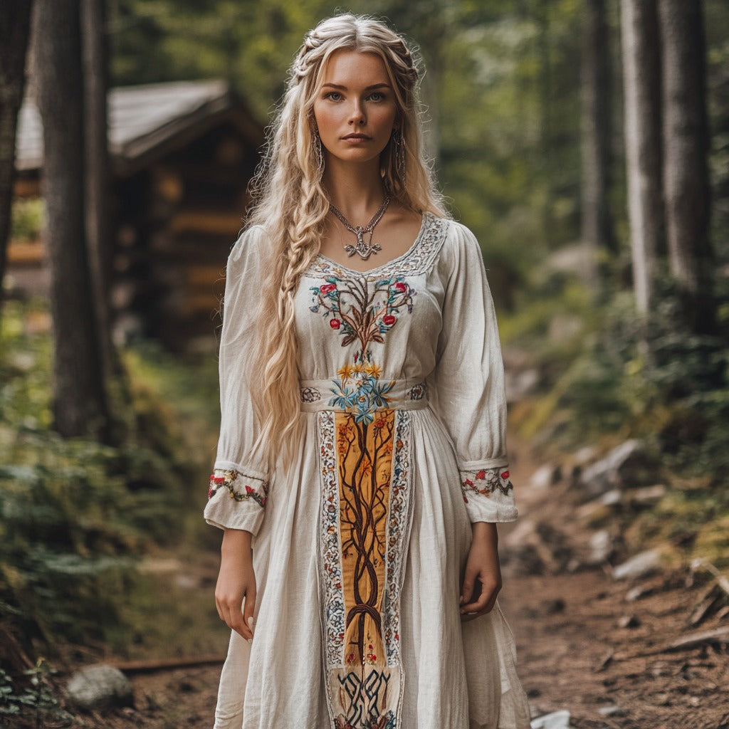 Women's Viking Celtic Tree Of Life Floral Design Linen Maxi Dress artswardrobe