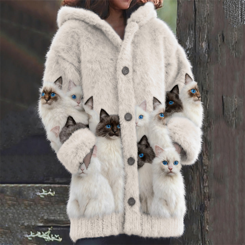 Wool Cardigan with Black and White Cats Print