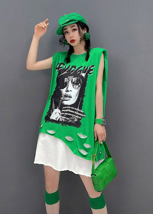 Green O-neck Print Patchwork Dress Sleeveless