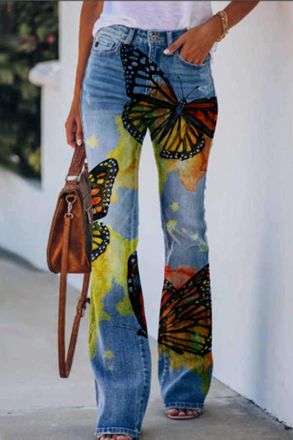High-waisted flared trousers in faux print