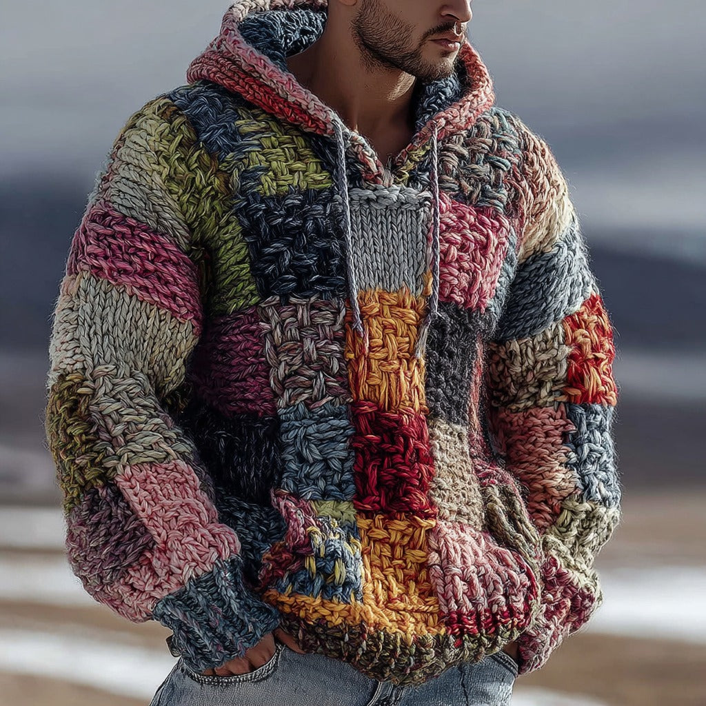 Men's Retro Geometric Knitted Warm Hooded Sweater artswardrobe