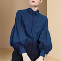 Blue V Neck Ruffled Chiffon Shirt Top Long Sleeve