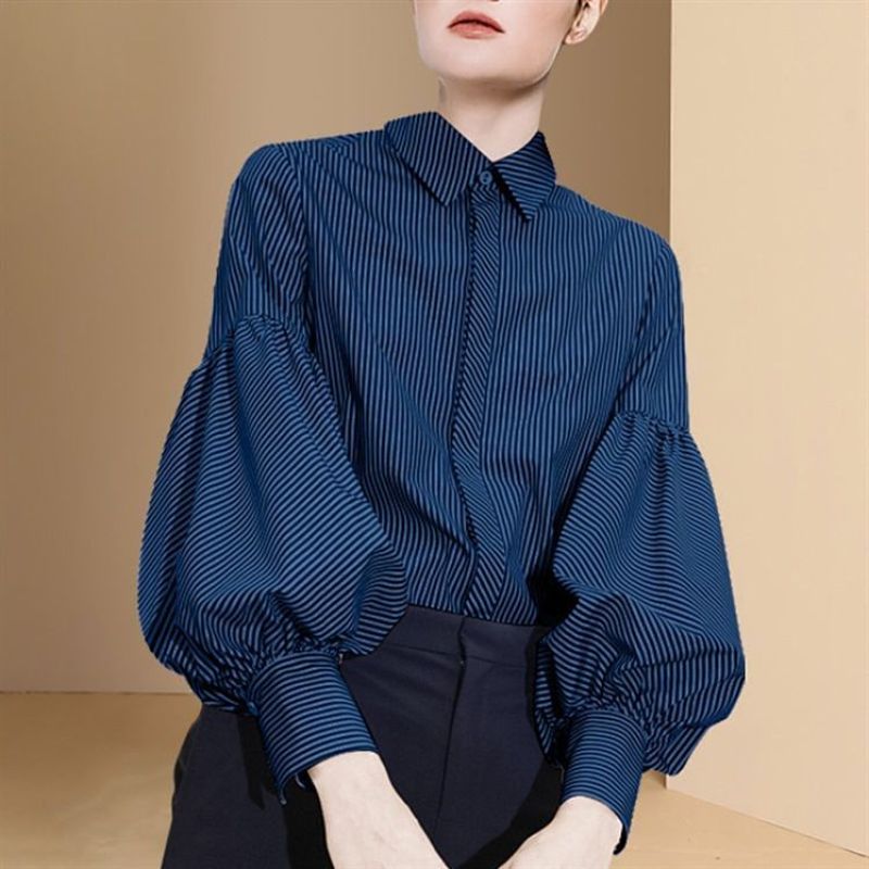 Blue V Neck Ruffled Chiffon Shirt Top Long Sleeve