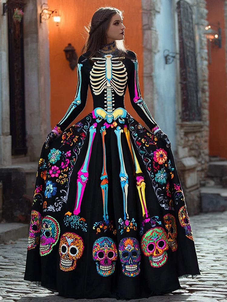 Comstylish Day Of The Dead Neon Glowing Skeleton Flowy Maxi Dress