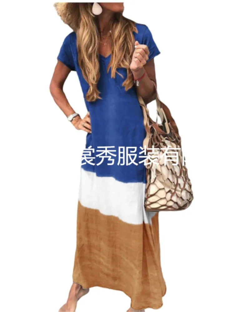 Loose Contrasting Colors Long Dresses Summer V-neck Short Sleeves Maxi Dress Female Commuting Vestidos New
