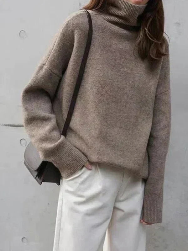 Cashmere Blend Turtleneck Sweater with Minimalist Silhouette in Taupe