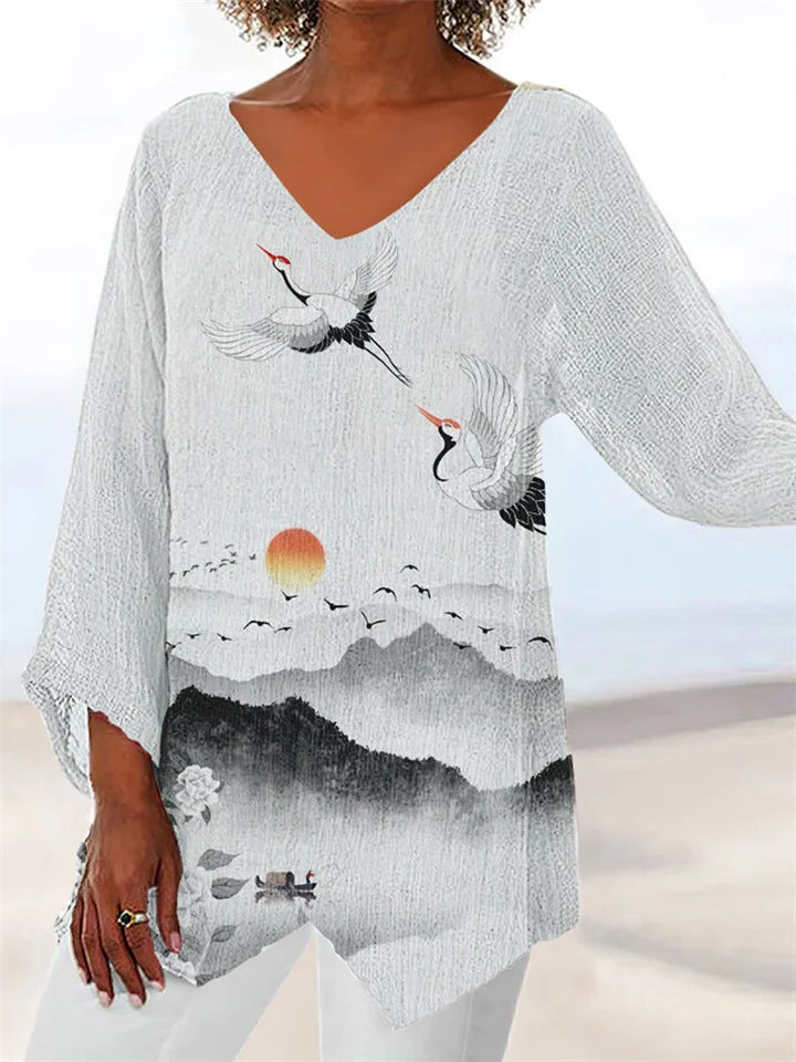 Printed, loose blouse with V-neckline